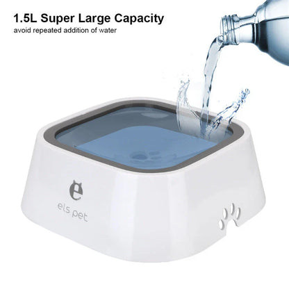 Spill-proof floating pet water bowl with slow feeder design, available in various colors and sizes