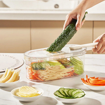 Versatile vegetable slicer and chopper with interchangeable blades and built-in storage container