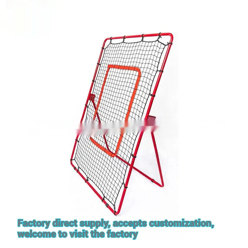 Red metal-frame portable baseball training net set up in a garden, measuring 4 feet wide by 6 feet high.