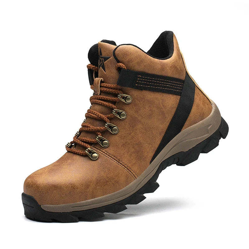 Rugged high-top work boots with steel toe protection, durable construction, and breathable design for all-day comfort on the job site.