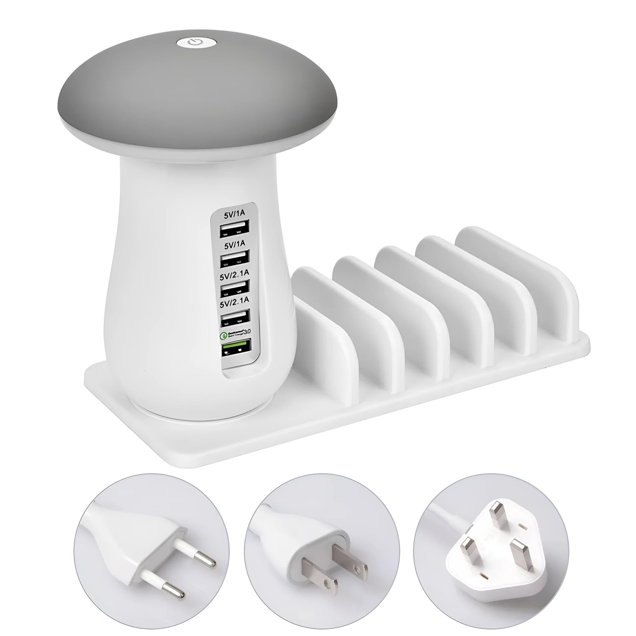 Besegad 5-port USB charging station with mushroom-shaped LED night light on desk