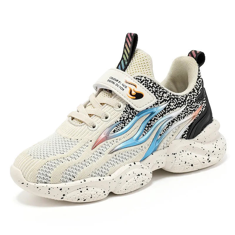 Boys sneakers with mesh upper in beige, black gold, and black red colours showing anti-slip sole