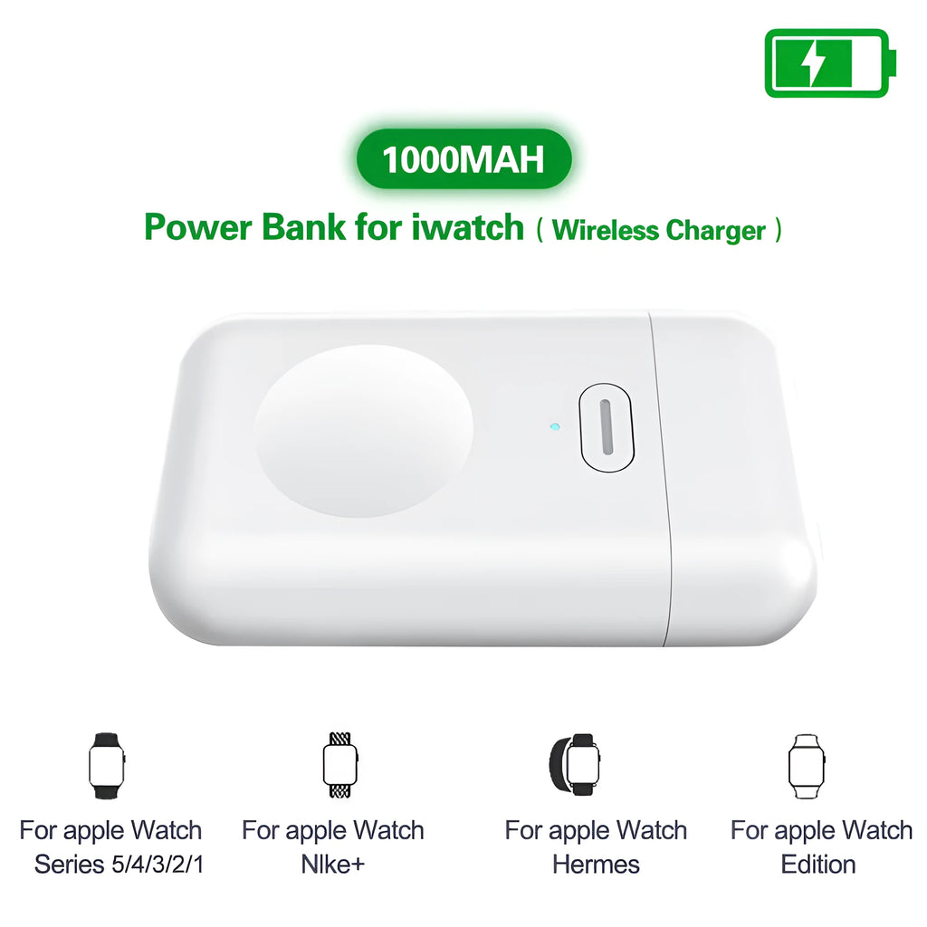 White portable magnetic wireless charger for Apple Watch with 1000mAh capacity