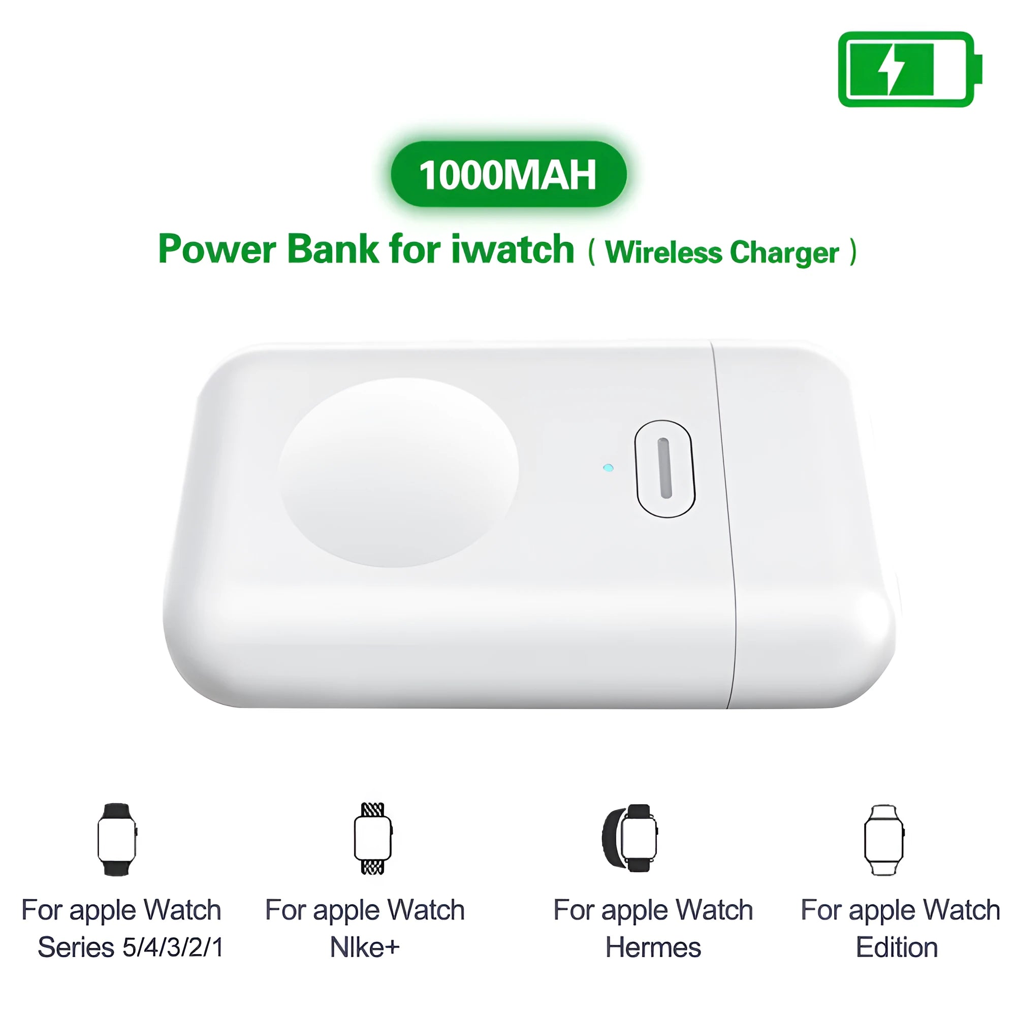 White portable magnetic wireless charger for Apple Watch with 1000mAh capacity