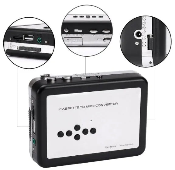 White USB Cassette to MP3 Converter with earphone and USB cable for tape digitisation