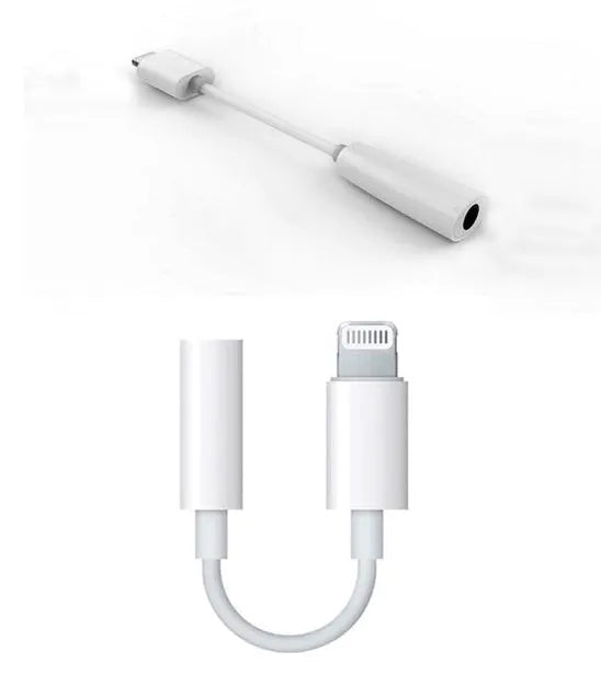 White Lightning to 3.5mm audio adapter cable for iPhone headphones, showing 8-pin connector and 12cm length.