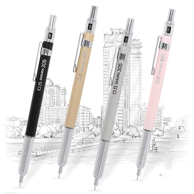 Japanese cherry blossom metal mechanical pencil in gold, silver, black, or pink with 0.5mm or 0.3mm lead options