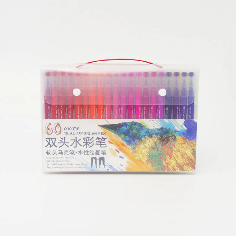 48 double-ended watercolour pens with hook line and soft tips in a PP storage box.