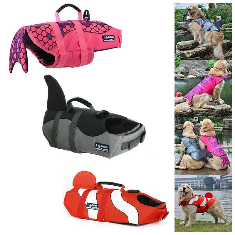 New pet life jacket dog outdoor swimming suit in Oxford cloth and cotton, shark style, pink colour, on a dog near water