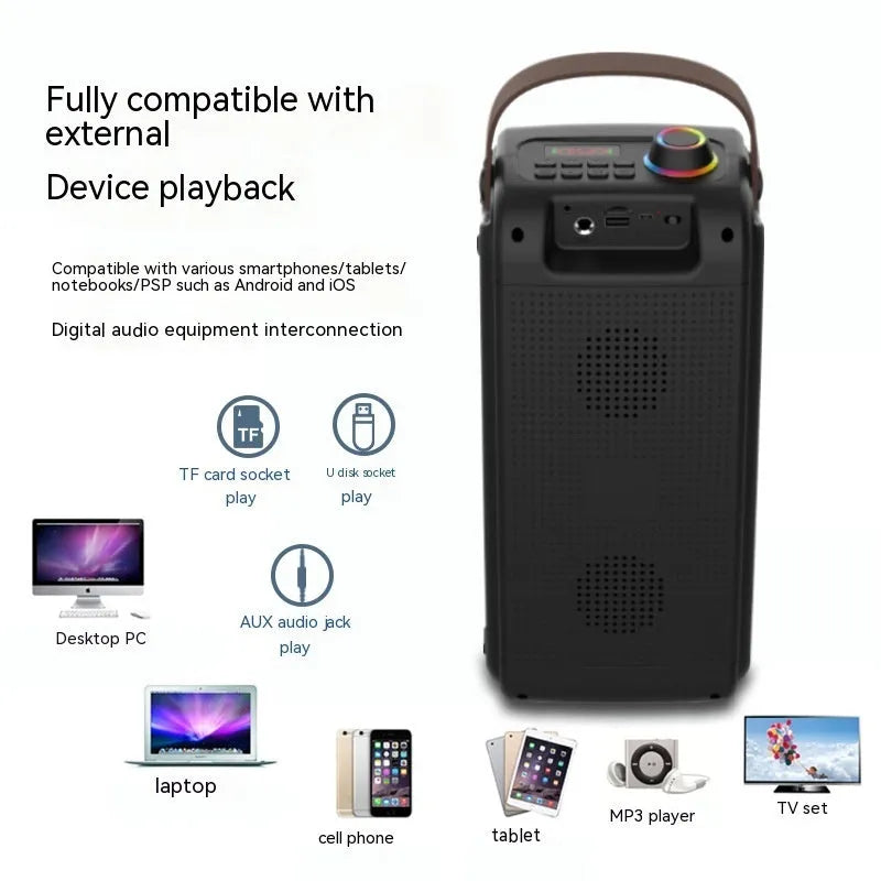 Portable Bluetooth speaker with colour light in black plastic shell, showing built-in speaker grille and button controls.