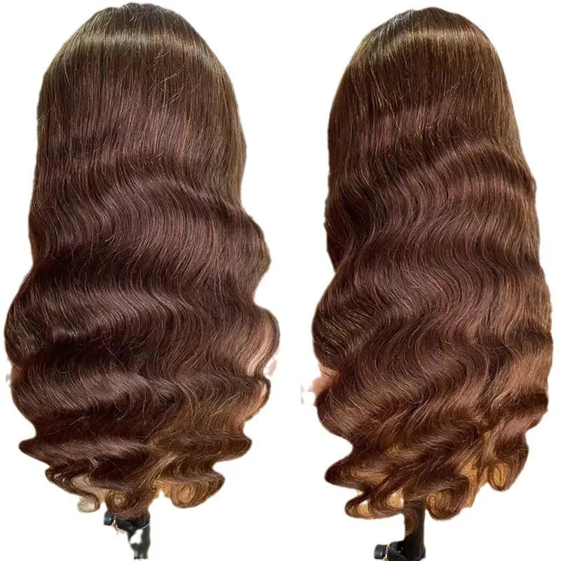 Brown big wave fake long curly wig head cover with side bangs on mannequin