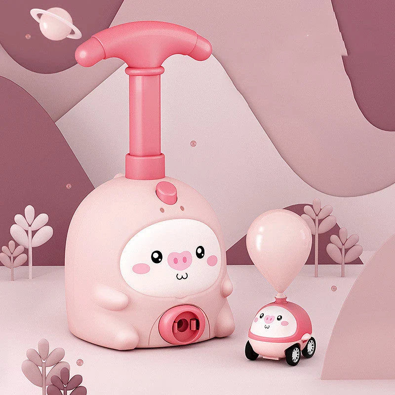 Colorful balloon-powered car toy with various animal designs, featuring a launch tower and balloons for children to propel the car using air power