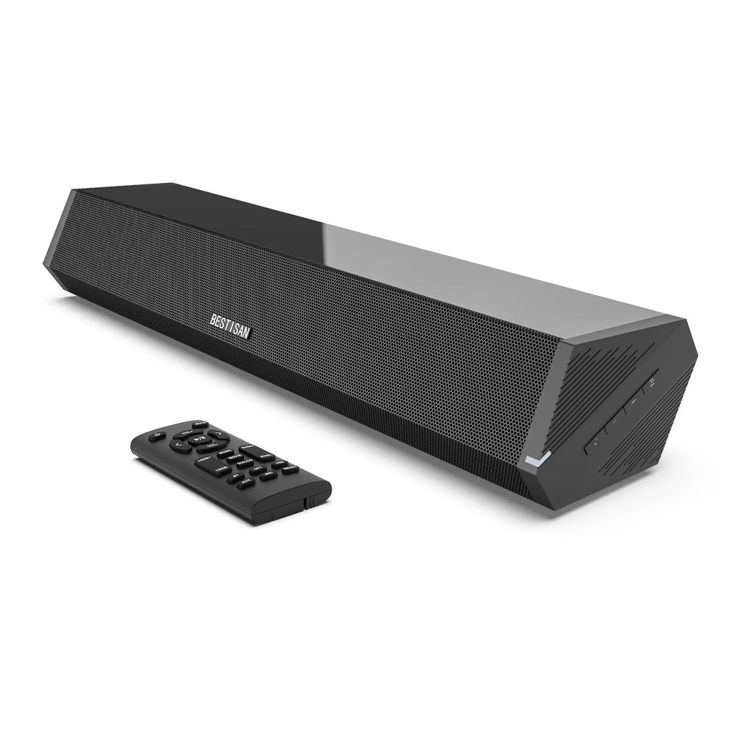 Black 40W wall soundbar with remote control, 420mm wide, HDMI and optical inputs for home TV audio