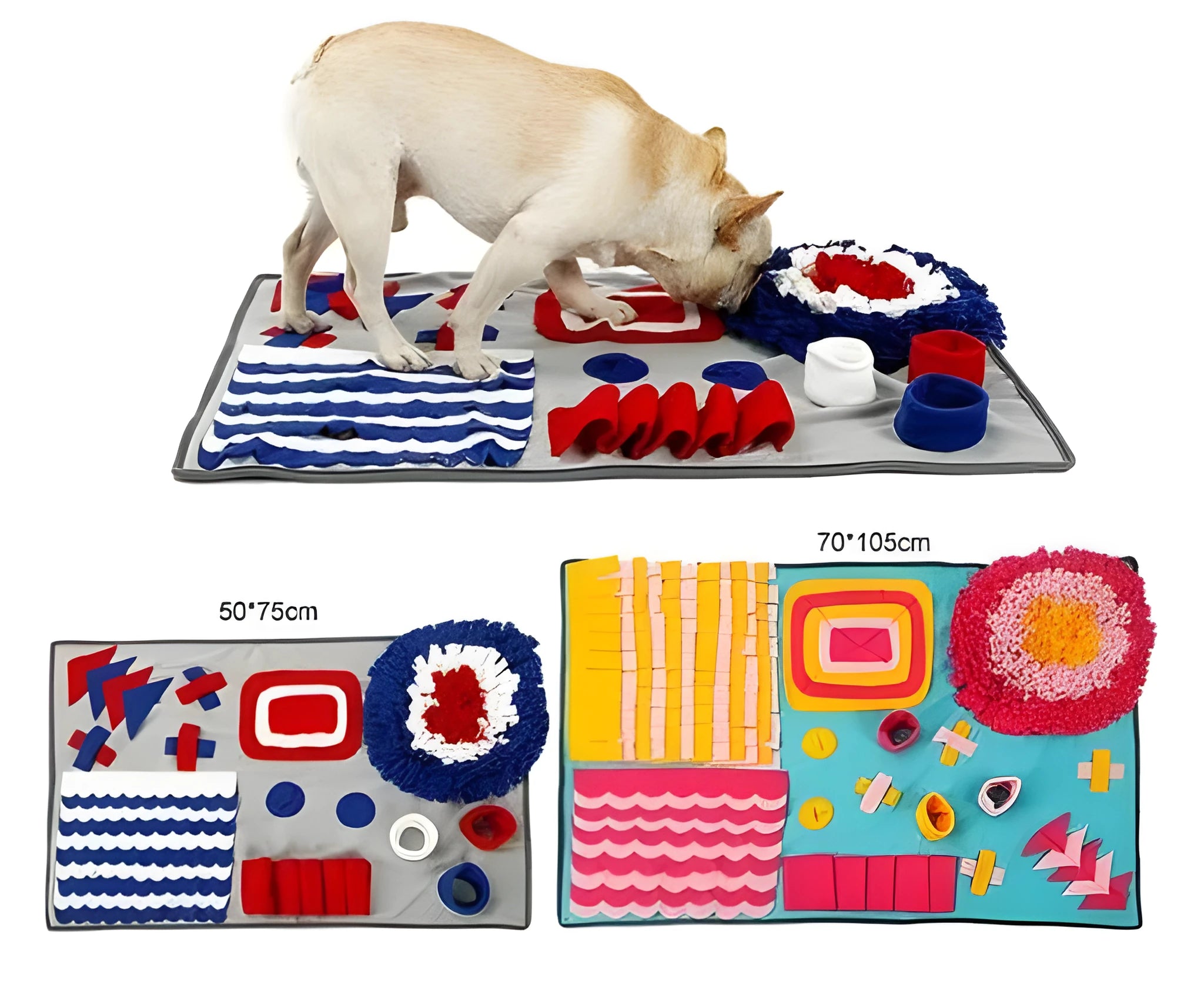 Pet snuffle mat feeding blanket with soft fleece strips and anti-slip silicone points, grey, 70x105cm