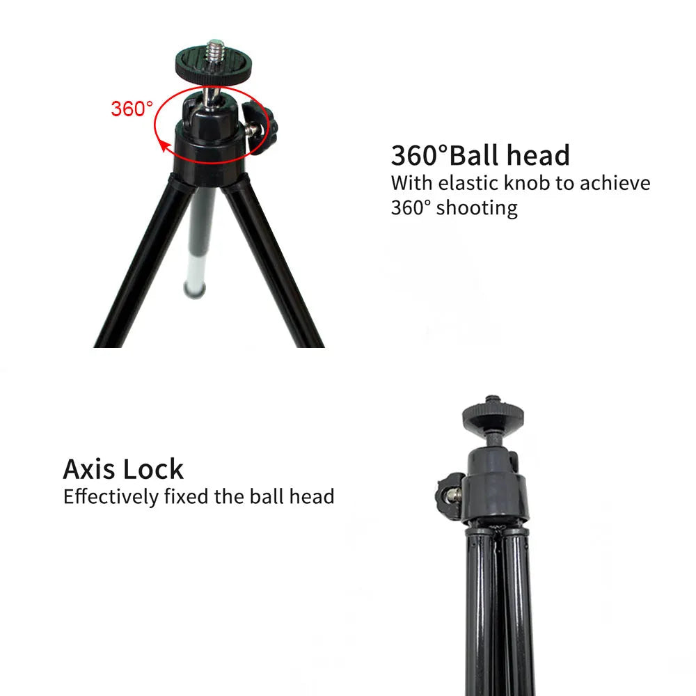 Mini desktop tripod with extendable aluminium legs and U-shaped phone clip for cameras and mobile devices