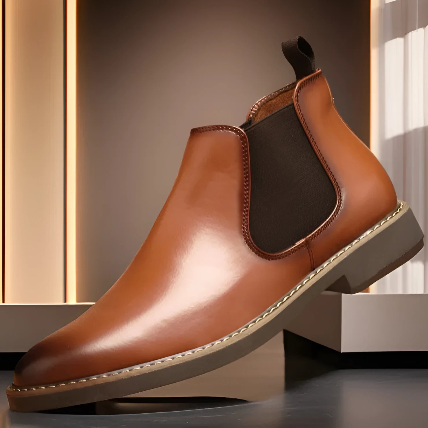 British style men's mid-calf boots in black with a flat square heel and leather toe holder.