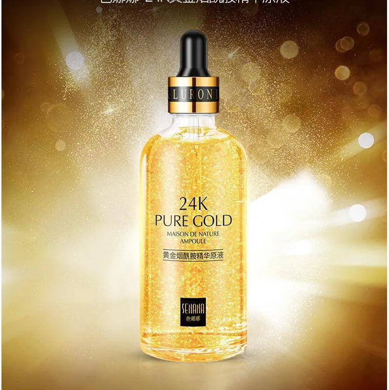 24K gold nicotinamide anti-aging facial essence in a glass bottle with three size options 15ml, 50ml, 100ml