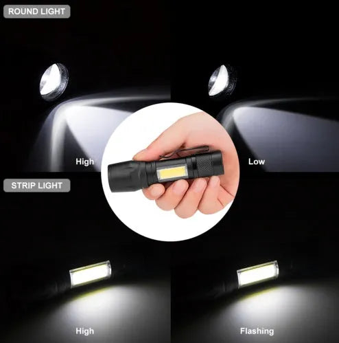Black mini aluminium alloy LED flashlight with telescopic zoom head and pocket clip.