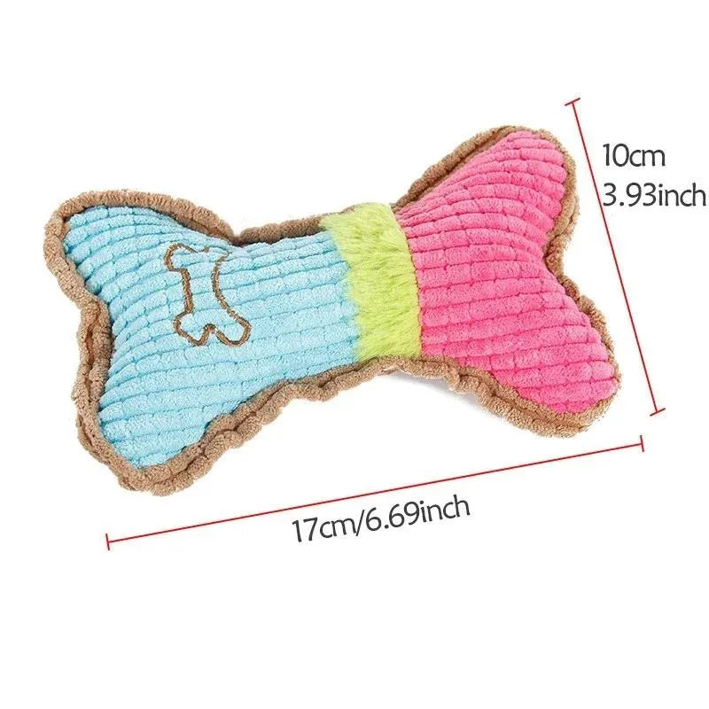 Three plush dog squeaky toys in assorted colours arranged together, showing 17cm size and soft fabric texture.