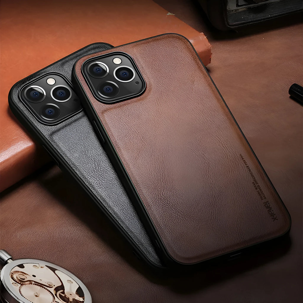 Black business leather phone case for iPhone 12 with PU leather back and soft TPU bumper sides