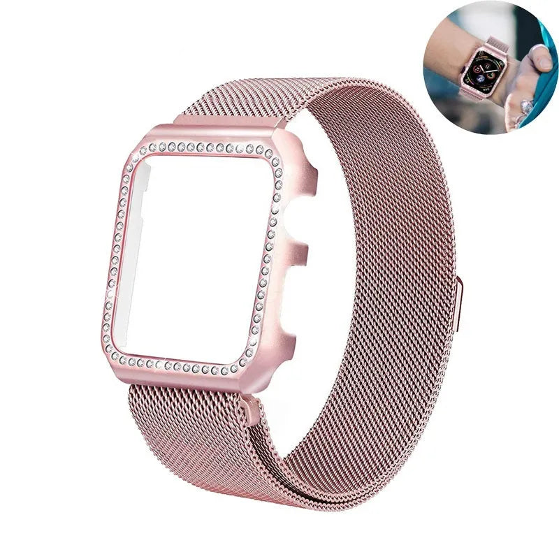 Rose pink 316 steel smart watch strap with frame, adjustable sizing, 38mm 40mm 42mm 44mm options