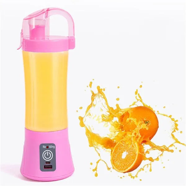 Blue portable electric handheld juicer with USB charging port and 400ml measurement markings on cup.