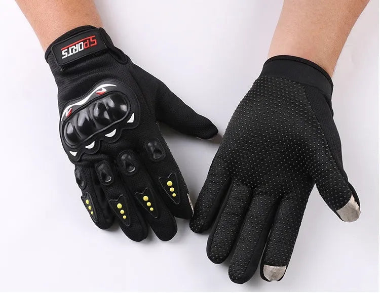 Full finger sports gloves with hard shell, anti-slip palm, touch screen finger and thumb, available in black, blue, and red.