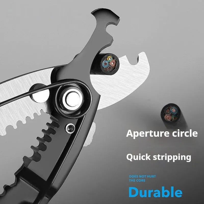 Fully automatic wire stripping pliers tool with a high carbon steel blade on a white background.