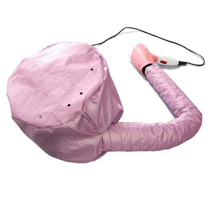 Hair dryer bonnet hood attachment with elastic tube and drawstring, available in Pink and Silver