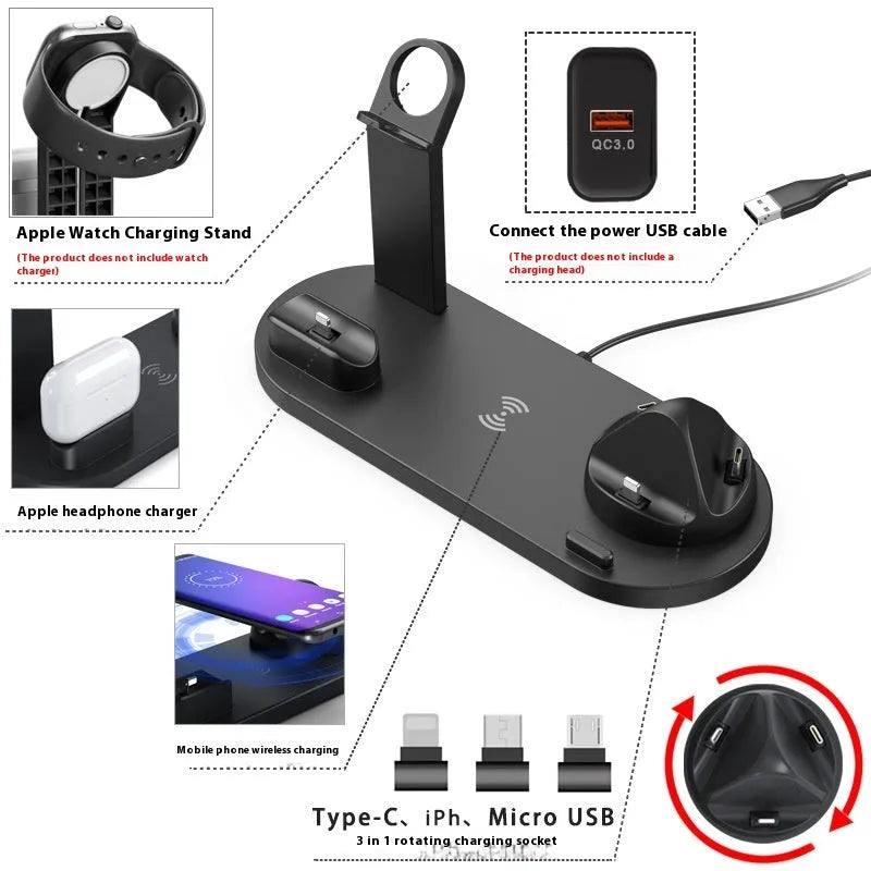 Black multi-device charging stand holding a mobile phone, headphones, and a watch with 15W wireless charging.