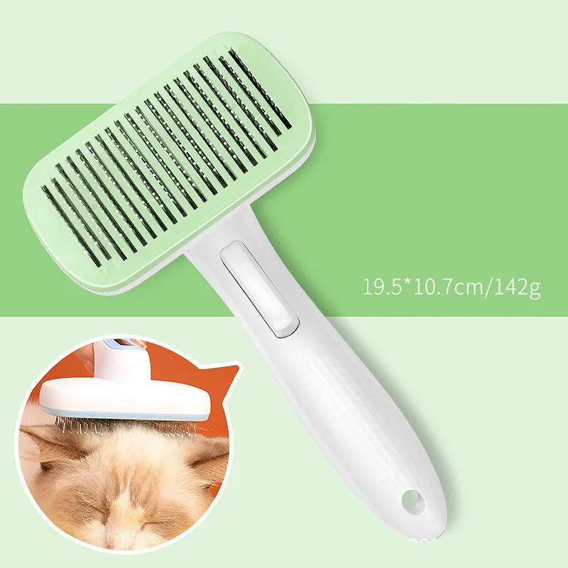 Blue automatic pet hair removal comb for dogs and cats on a white background.