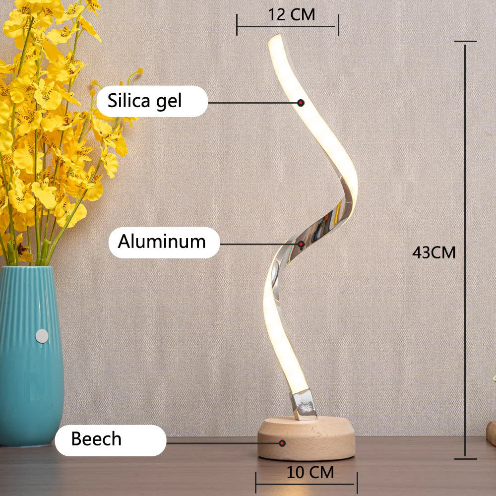 LED spiral table lamp with wooden base, USB power, touch dimming, and warm white light panel for bedside or desk.