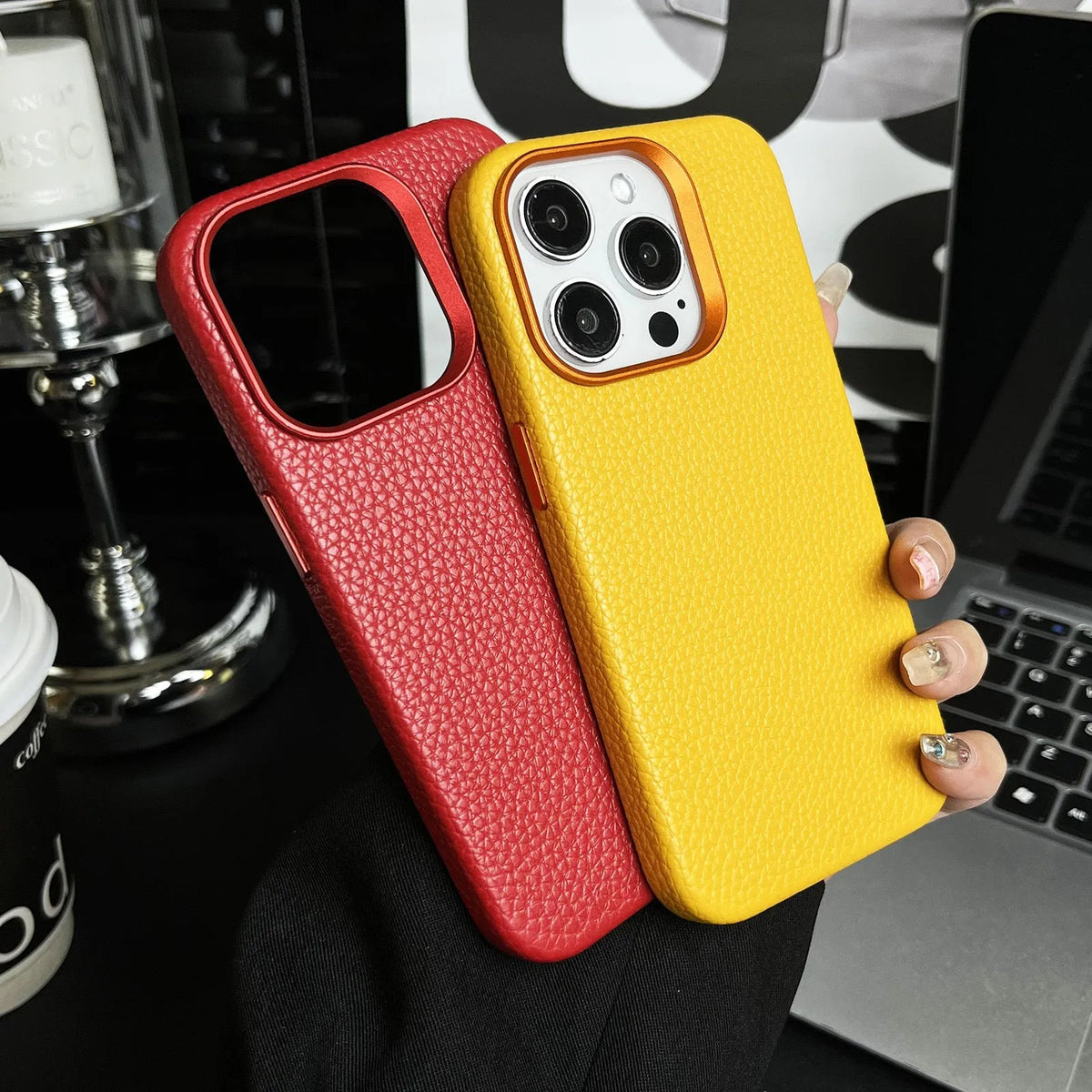 Plain leather magnetic phone case with lychee pattern in dark green, drop-resistant protective cover for iPhone