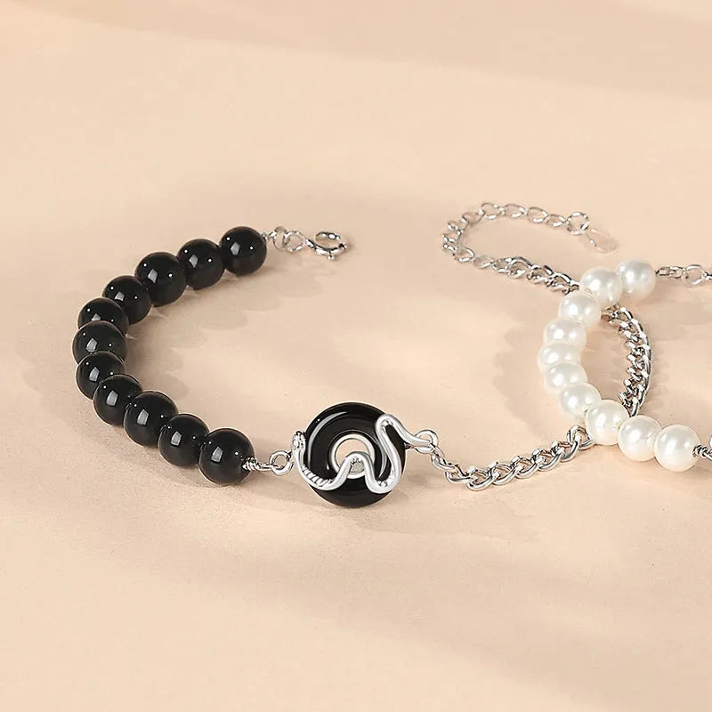 New Chinese style 925 sterling silver couple's bracelet with obsidian pearl, zodiac design, and safe buckle.