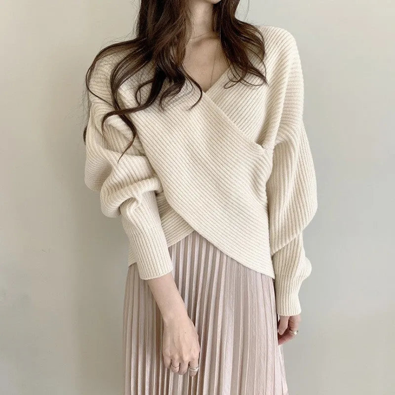 Women's loose fit polyester knitted sweater long sleeve pullover solid colour in eight colours S-3XL