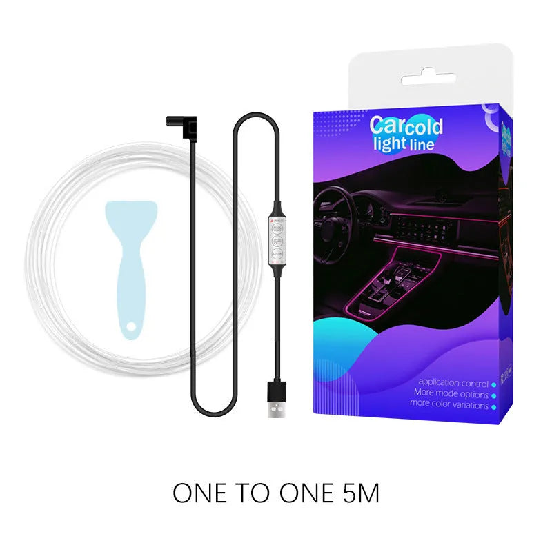 USB-powered RGB LED underglow light strip for cars with manual remote control, showing multicolour illumination.