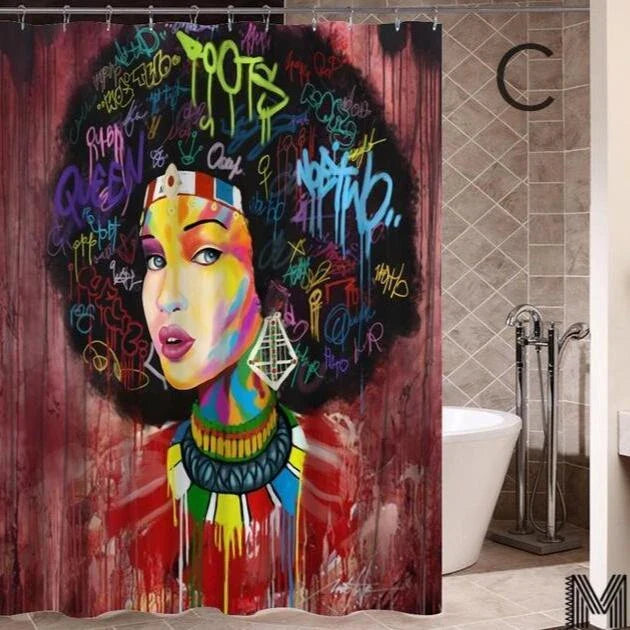 Vibrant Afro-urban printed shower curtain with modern building and African girl design