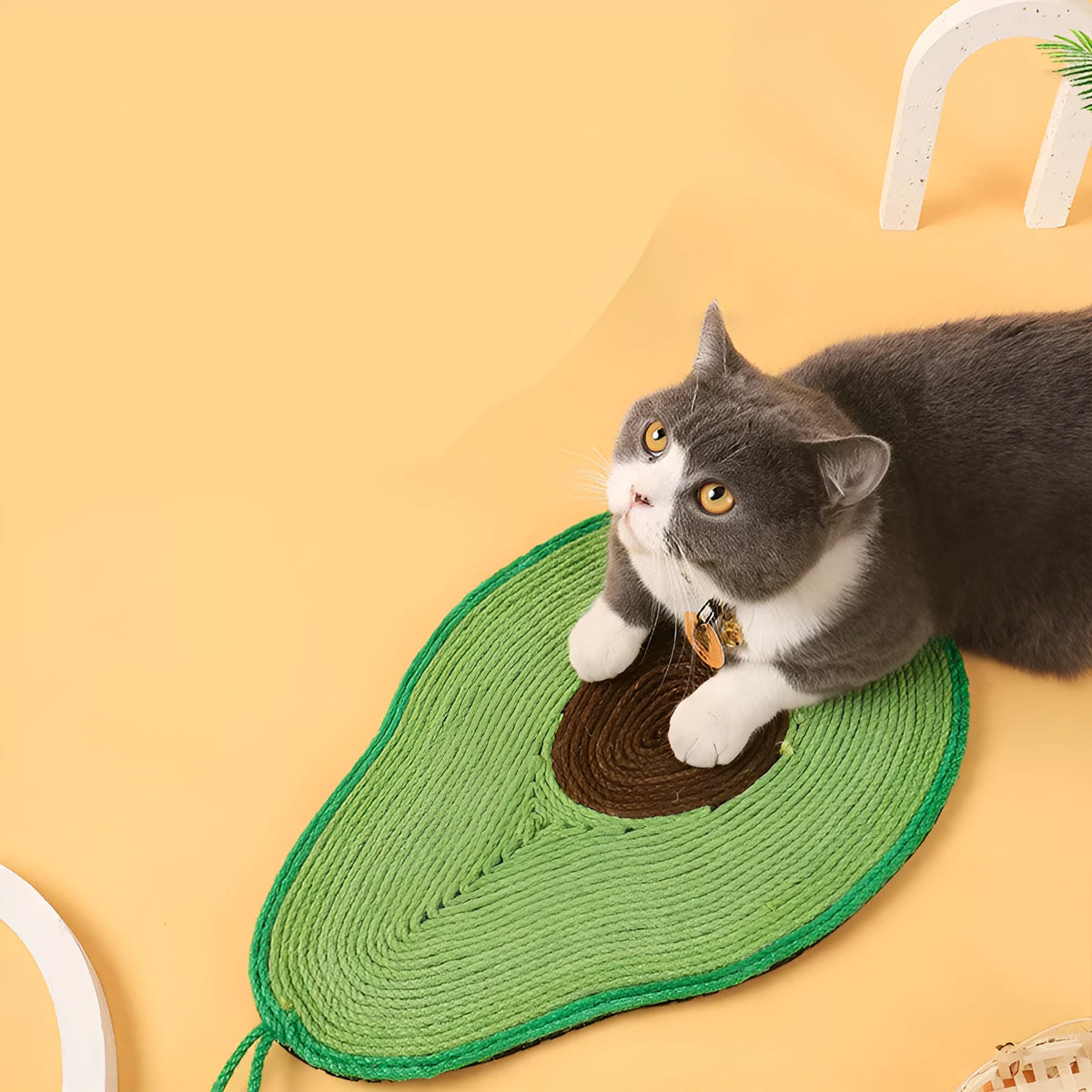 Avocado shaped cat scratch board made from sisal rope and EVA foam for sofa protection