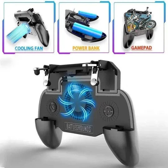 3 in 1 phone gamepad cooler powerbank in black with ABS and zinc alloy construction and fan
