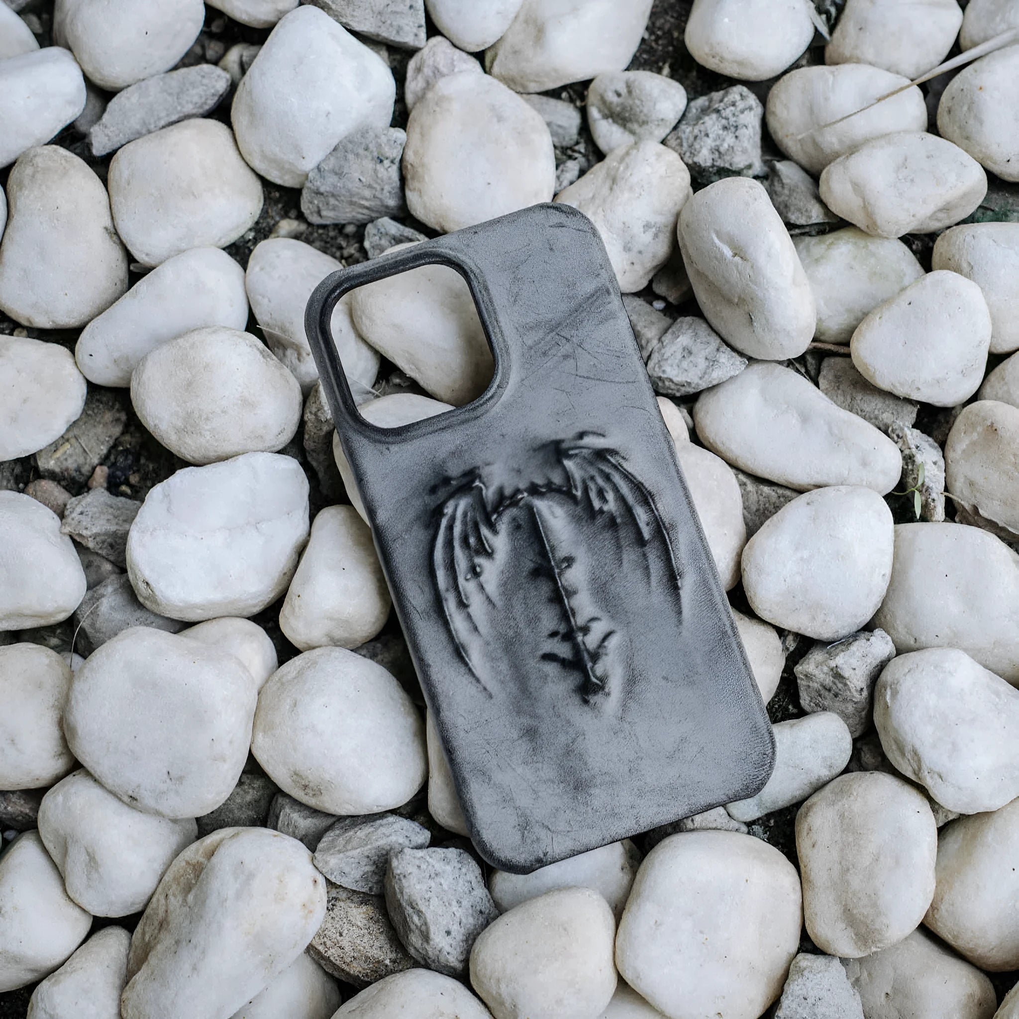 Retro gothic cowhide leather phone case with embossed vampire bat wing pattern, half-covered edge, for iPhone 12-17 series, Apply Red colour