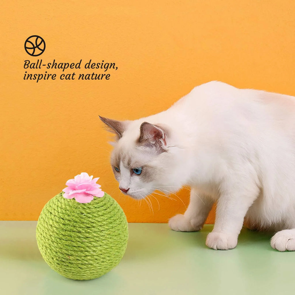 Green cactus-shaped cat scratcher with sisal scratching surfaces and attached tumbler balls containing catnip toys