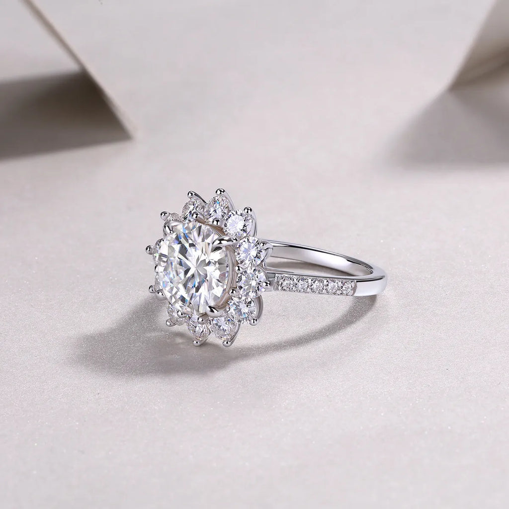 Sunflower 3 carat moissanite wedding ring set in platinum-plated S925 silver in gift box