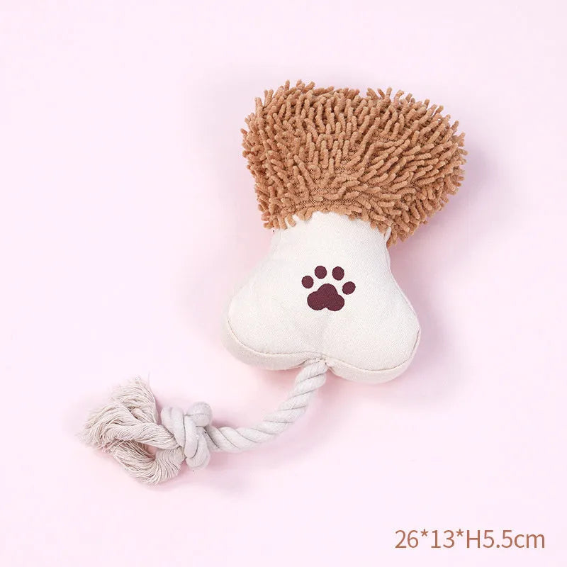 Pet cotton rope toy in bone shape with sound element and canvas covering for dog dental care