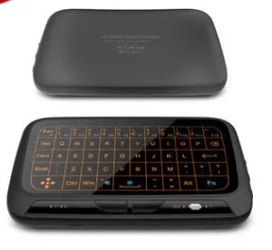 H18 mini wireless keyboard in black with touchpad, mouse wheel, and backlit keys