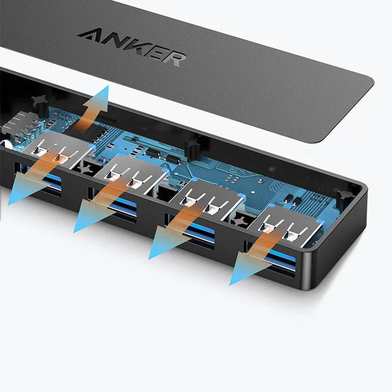 Black Anker USB 3.0 4-port hub with 200mm cable for laptop and desktop computers