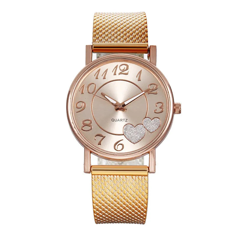 Heart-shaped ladies watch with gold alloy mesh belt, glass mirror, 4cm dial, and 22cm strap