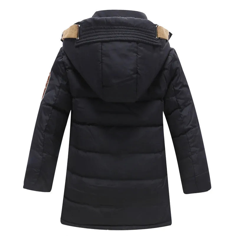 Boys Winter Down Coat 100% Polyester Duck Down Padded Jacket -30 Degree Warm Children Medium Length Hooded Casual Solid Colour Thickening Outerwear for 8-16 Years Old 130-170cm