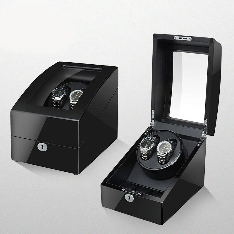 Black mechanical watch winder with piano paint finish, multiple rotation modes, and EU/US plug option.