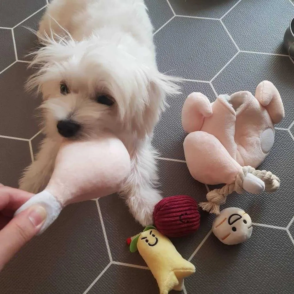 Cartoon plush chicken toy with jujube, chestnut, ginseng, and molar rope for dog and cat play