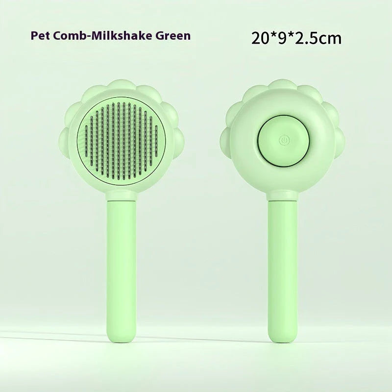 Self-cleaning dog grooming brush with curved comb teeth designed to gently remove excess hair and detangle your pet's coat